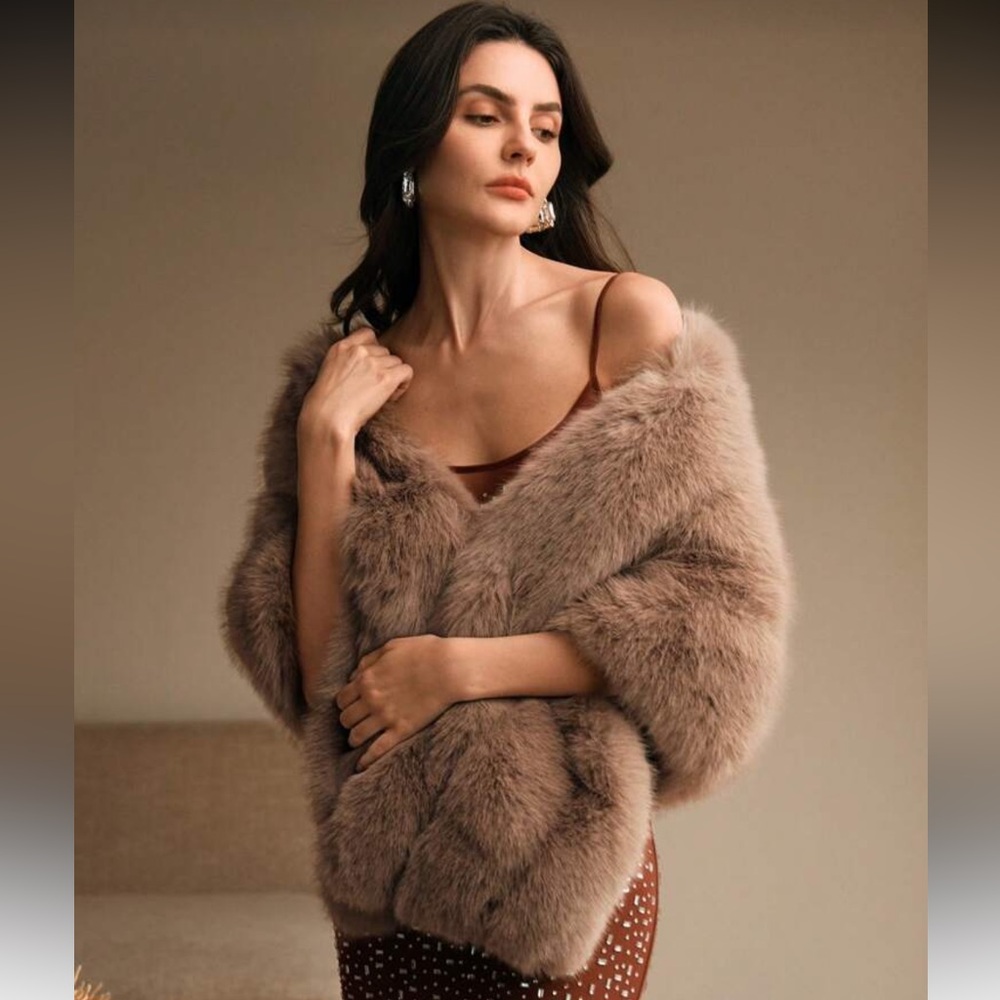 LAST 1 🔥 Vintage Glam style Faux Fur Stole Evening Shawl Wrap Camel Brown - Picture 3 of 9